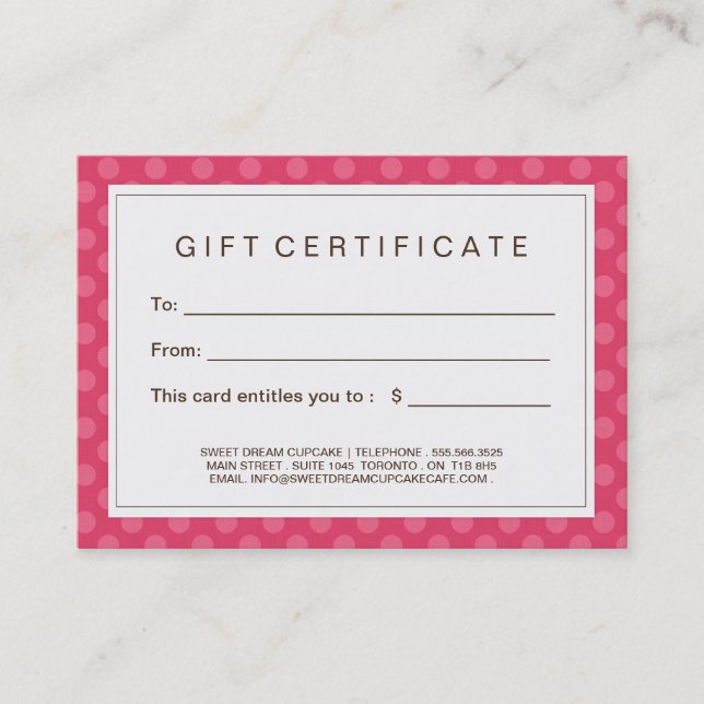 Customizable Cupcake Gift Certificate (Front)