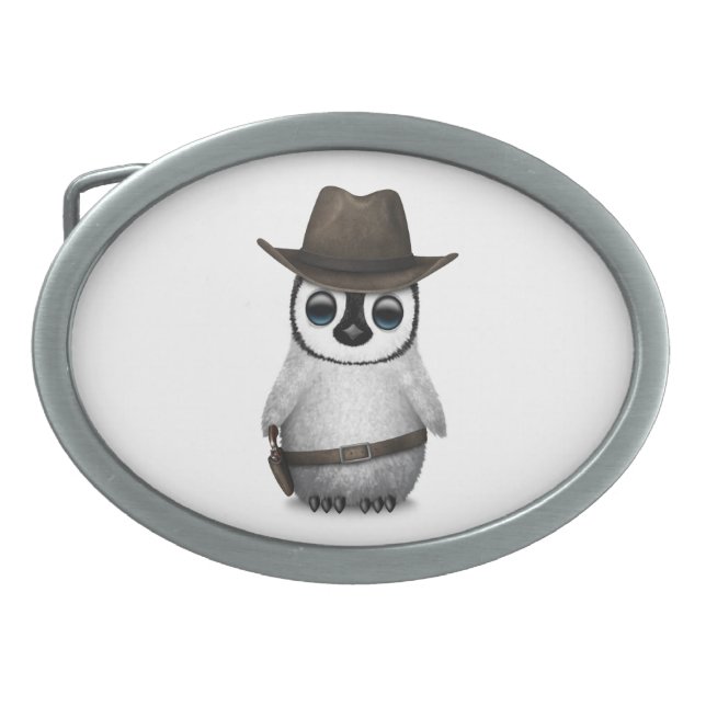 Customizable Cute Baby Penguin Cowboy Oval Belt Buckle (Front)