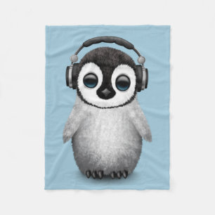 Customizable Cute Baby Penguin Dj with Headphones Fleece Blanket