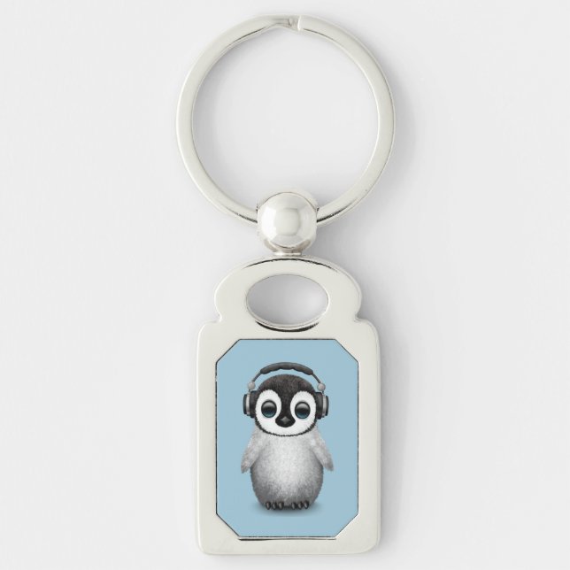 Customizable Cute Baby Penguin Dj with Headphones Keychain (Front)
