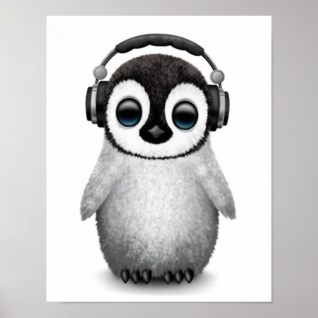 Customizable Cute Baby Penguin Dj with Headphones Poster (Front)