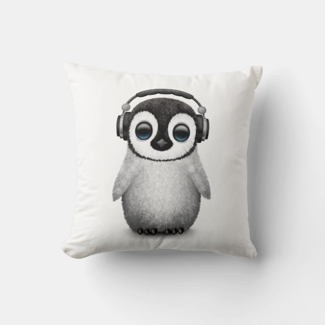 Customizable Cute Baby Penguin Dj with Headphones Throw Pillow (Front)