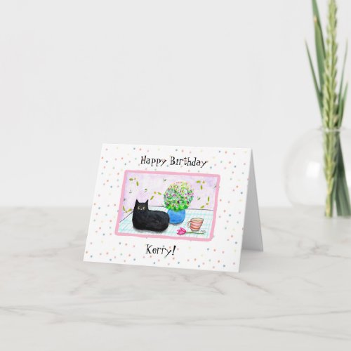 Customizable Cute Black Cat with Flowers birthday  Card