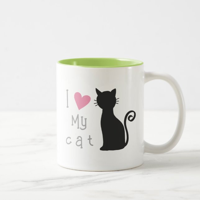 Customizable cute black cat with lovely pink heart Two-Tone coffee mug (Right)