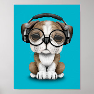 Customizable Cute Bulldog Puppy Dj with Headphones Poster