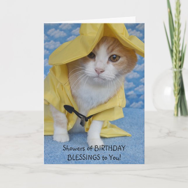 Customizable Cute Cat Shower of Blessings Birthday Card (Front)