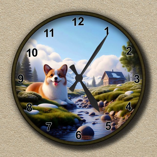 Customizable Cute Corgi Scenic Background  Round Clock (Creator Uploaded)