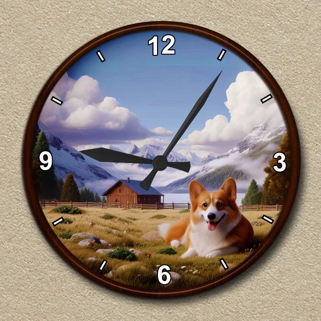 Customizable Cute Corgi Scenic Background  Round Clock (Creator Uploaded)