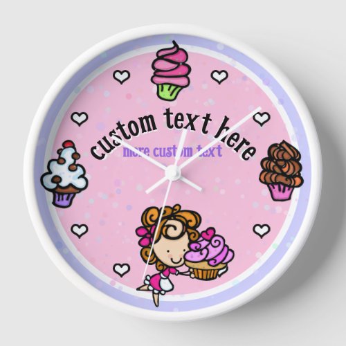 Customizable Cute Cupcake Bakery Pink Purple Round Clock