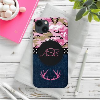 Customizable Cute Dark Blue Jeans Pink Antler Camo