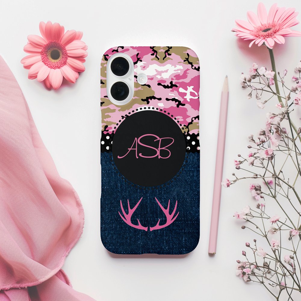 Customizable Cute Dark Blue Jeans Pink Antler Camo Case-Mate iPhone Case