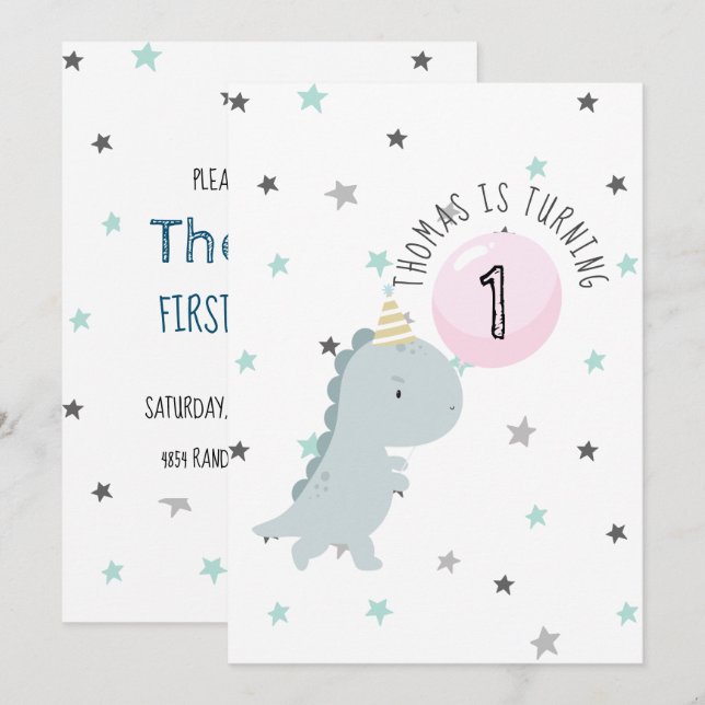 Customizable Cute Dinosaur Birthday Invitation (Front/Back)