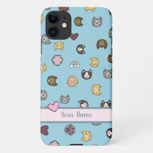 CUSTOMIZABLE Cute Doodle Happy Cat Face Pattern iPhone 11 Case