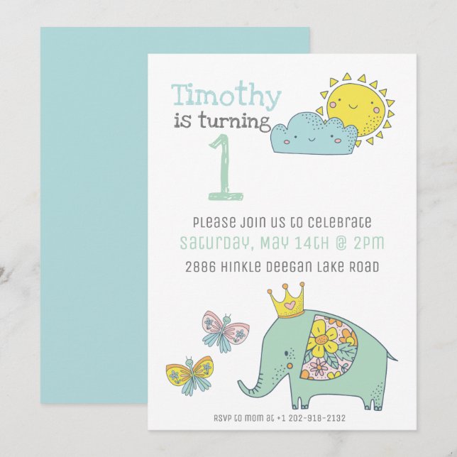 Customizable Cute Elephant and Butterflies Invitation (Front/Back)