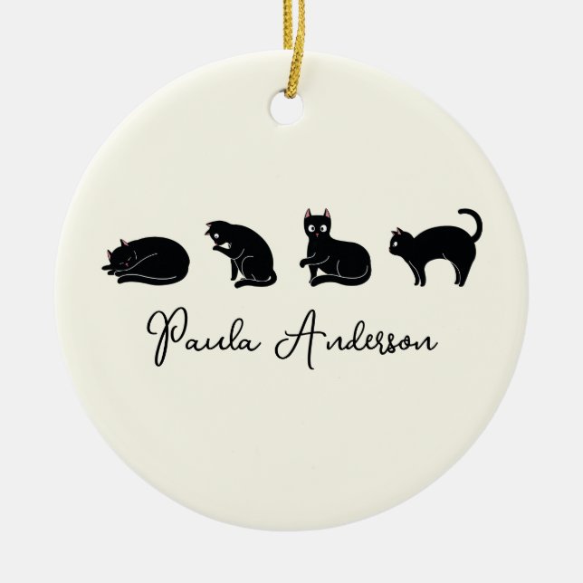 Customizable Cute Funny Black Cat Ceramic Ornament (Front)