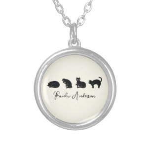 Customizable Cute Funny Black Cat Silver Plated Necklace