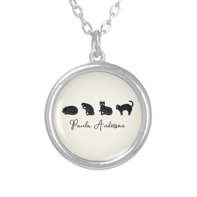 Customizable Cute Funny Black Cat Silver Plated Necklace (Front)