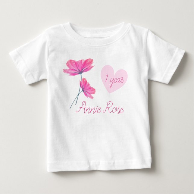 Customizable Cute & Girly Flowers 1 Year Birthday Baby T-Shirt (Front)
