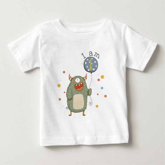 Customizable Cute Monster with Balloon Birthday Baby T-Shirt (Front)