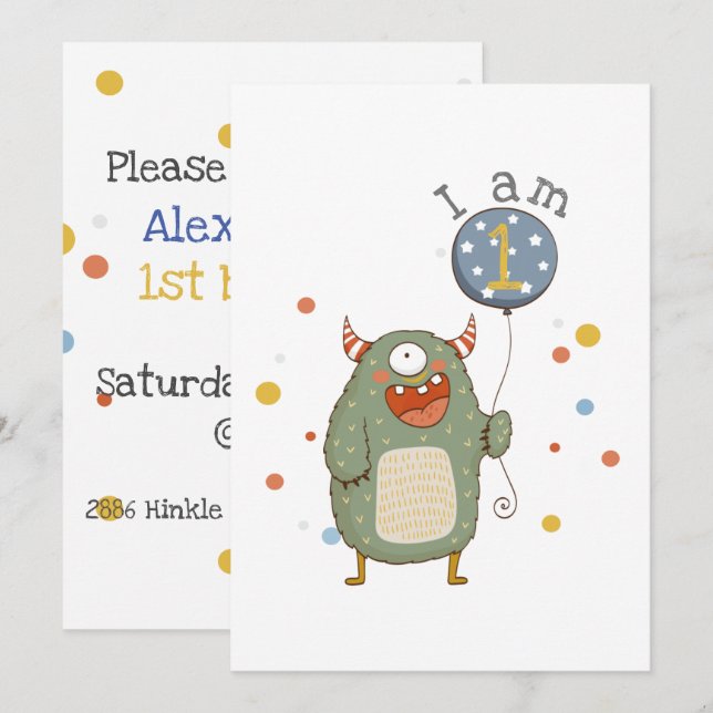 Customizable Cute Monster with Balloon Birthday Invitation (Front/Back)