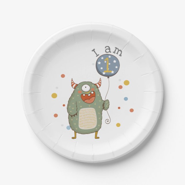 Customizable Cute Monster with Balloon Birthday Paper Plates (Front)