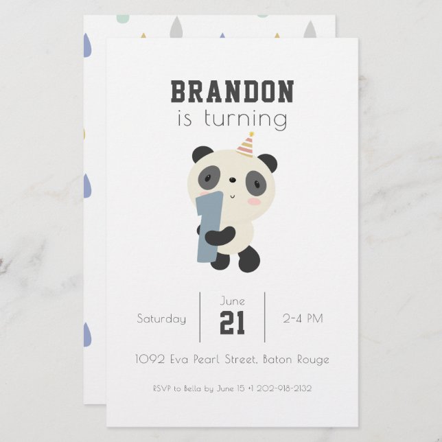 Customizable Cute Panda First Birthday Invitation Stationery (Front/Back)