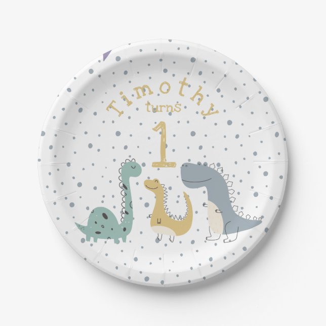 Customizable Cute Pastel Dinosaurs Birthday Paper Plates (Front)