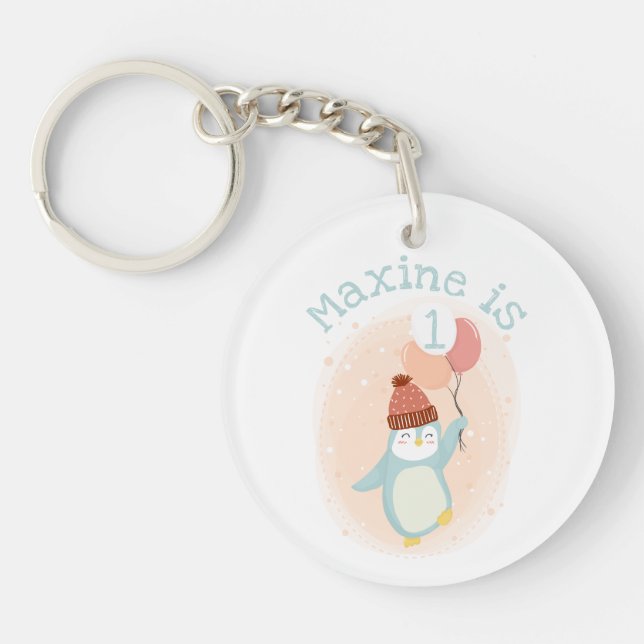 Customizable Cute Pastel Penguin with Balloons Keychain (Front)