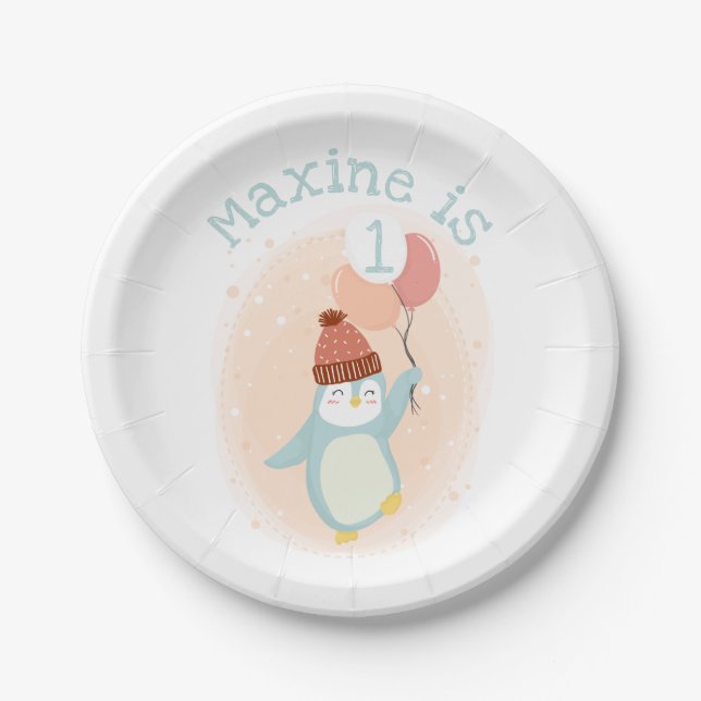 Customizable Cute Pastel Penguin with Balloons Paper Plates (Front)