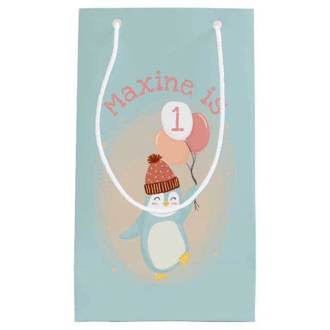 Customizable Cute Pastel Penguin with Balloons Small Gift Bag (Front)