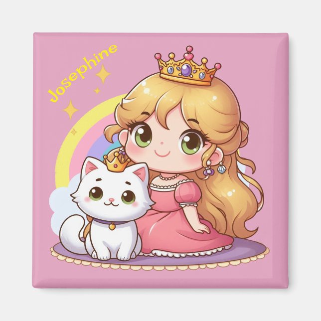 Customizable Cute princess with White Cat Magnet (Front)