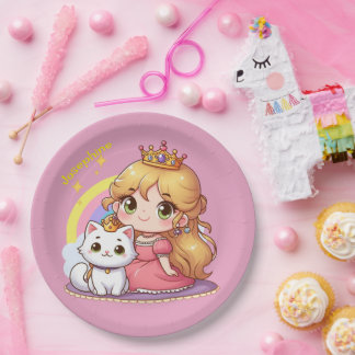 Customizable Cute princess with White Cat Paper Plates