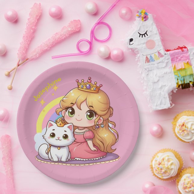 Customizable Cute princess with White Cat Paper Plates (Party)