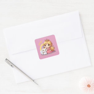 Customizable Cute princess with White Cat Square Sticker