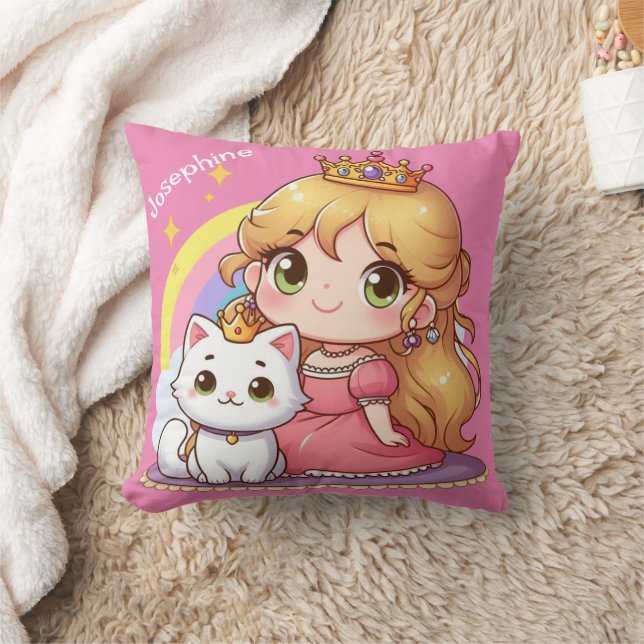Customizable Cute princess with White Cat Throw Pillow (Blanket)
