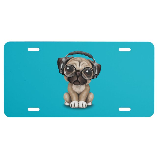 Customizable Cute Pug Puppy Dj with Headphones License Plate (Front)