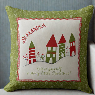 Customizable Cute red&green village at Christmas Throw Pillow