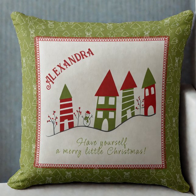 Customizable Cute red&green village  at Christmas  Throw Pillow (Creator Uploaded)