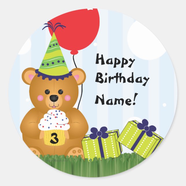 Customizable Cute Teddy Bear Birthday Sticker (Front)