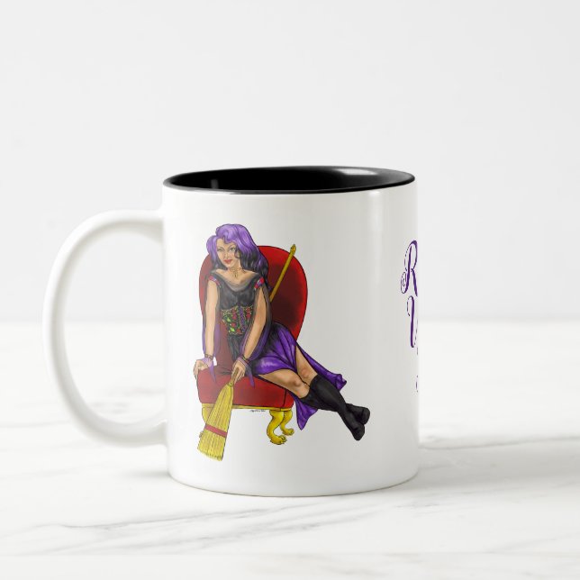 Customizable Cute Witch, purple, black, red & gold Two-Tone Coffee Mug (Left)