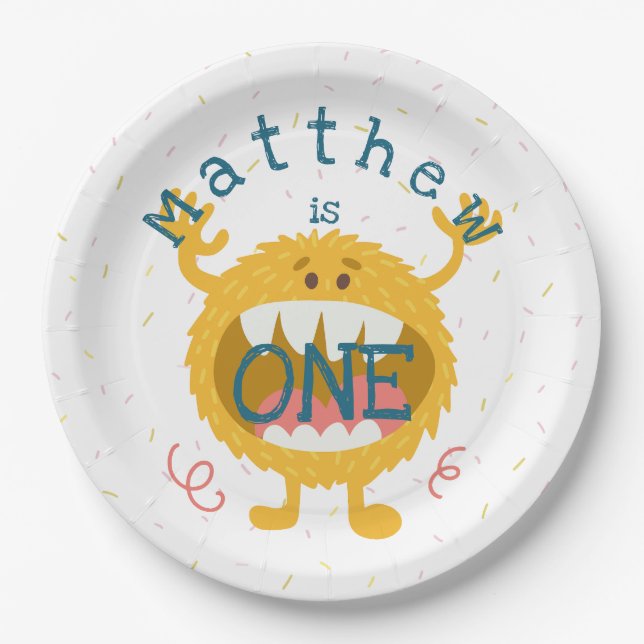 Customizable Cute Yellow Monster Paper Plates (Front)