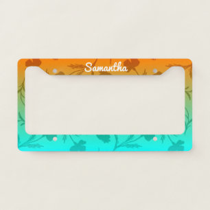 Customizable Cyan Orange Floral Boho Girly Bold License Plate Frame