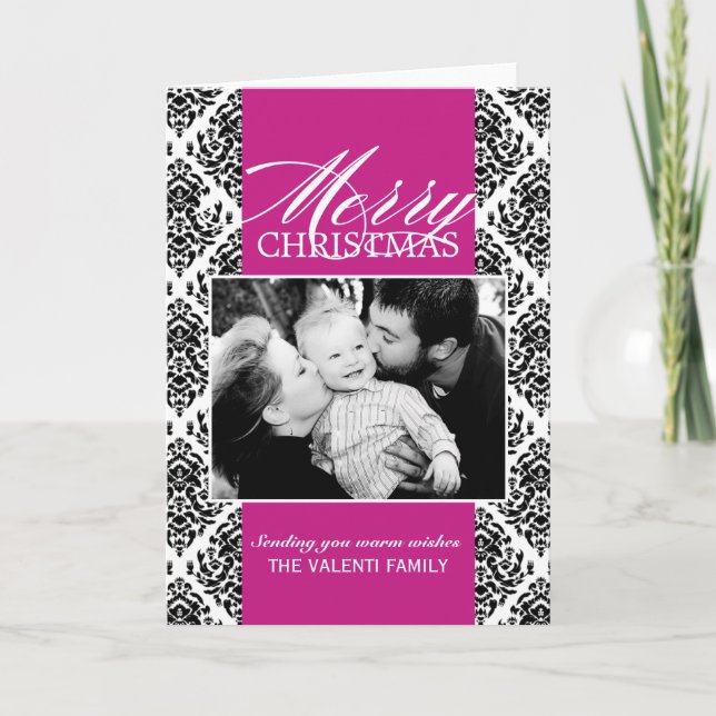 Customizable Damask Christmas Photo Greeting Card (Front)