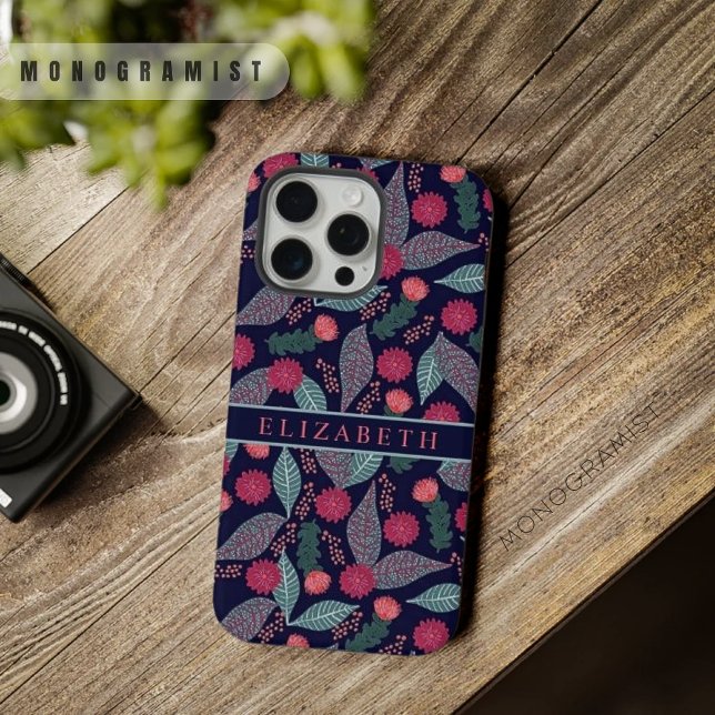 Customizable Dark Blue Green Floral Pink Flowers iPhone Case (Customizable Dark Blue Green Floral Pink Flowers iPhone Case)