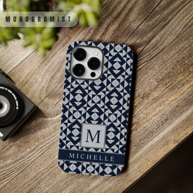 Customizable Dark Navy Blue Light Grey Geometric  Iphone Case (Customizable Dark Navy Blue Light Grey Geometric Case-Mate iPhone Case)