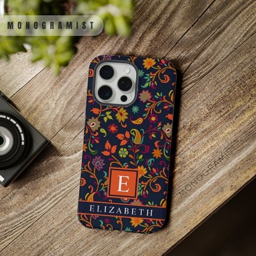 Customizable Dark Navy Blue Orange Paisley Pattern iPhone 15 Pro Max Case