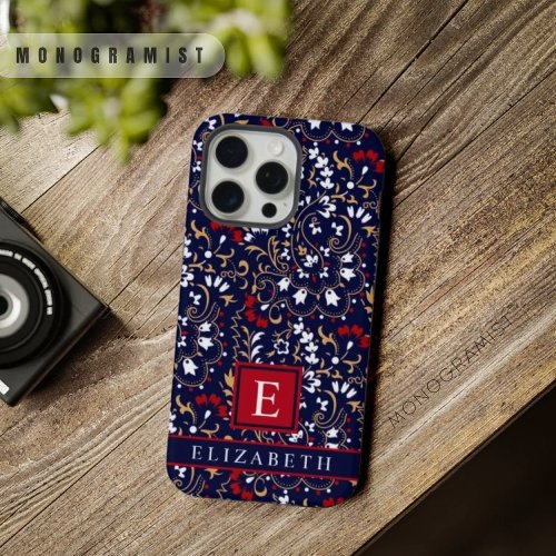 Customizable Dark Navy Blue Red White Paisley iPhone 15 Pro Max Case
