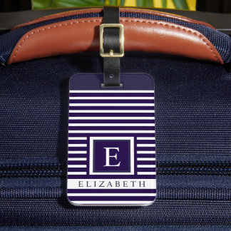 Customizable Dark Navy Blue White Striped Lines Luggage Tag
