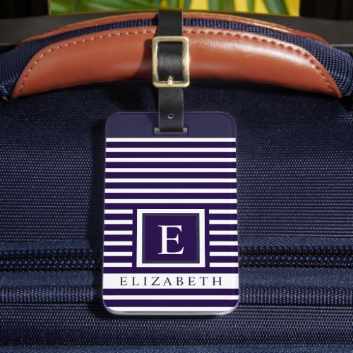 Customizable Dark Navy Blue White Striped Lines Luggage Tag