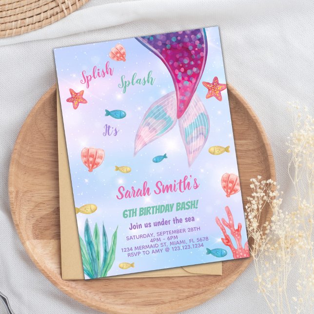 Customizable Dark Pink Mermaid Birthday Invitation (Dark Pink on top mermaid Birthday Invitation)